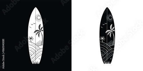 A captivating monochrome illustration of a surfboard with palm tree, isolated on white background, evoking themes of summer vacation