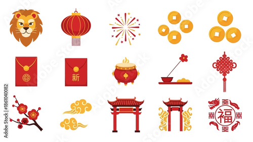 collection of traditional Chinese New Year and cultural icons including lion head, red lanterns, fireworks, gold coins, red envelopes, incense burner, plum blossoms, auspicious clouds, and archways.