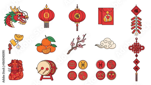 vibrant collection of traditional Chinese New Year symbols and cultural elements, including dragons, lanterns, red envelopes, firecrackers, zodiac signs, and more.