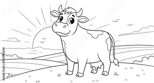 Cute Cow at Sunrise on the Farm – Adorable Cartoon Line Art Farm Animal Illustration for Kids Coloring Books and Children’s Art