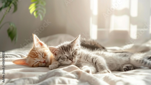 Wallpaper Mural Kittens sleep on a bed in the rays of the sun Torontodigital.ca