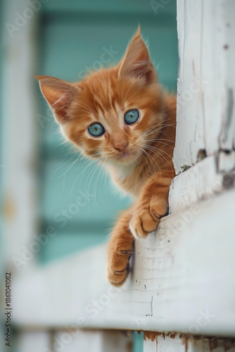 A red kitten with bright blue eyes peeks out through the crack of an old fence
