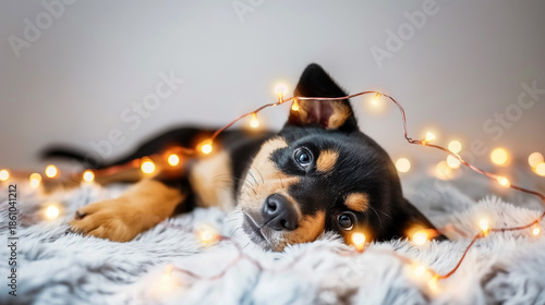 The puppy is depicted lying among softly glowing lights, creating a gentle atmosphere of warmth