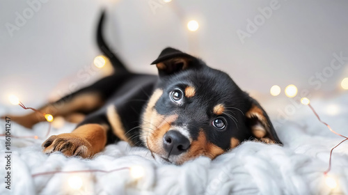The puppy is depicted curled up in a ball on the bed, surrounded by the cozy lights of the garland