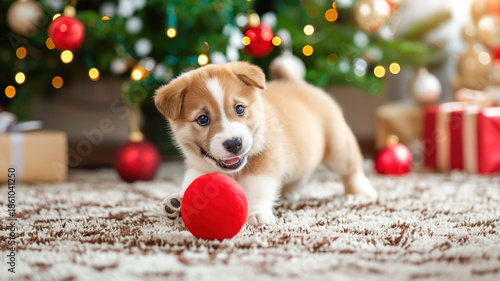 puppy jumping after a red ball in front of a stolen Christmas tree