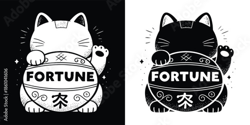 Lucky cat with fortune sign in black and white, a symbol of good luck and prosperity, perfect for asianthemed designs isolated on white background