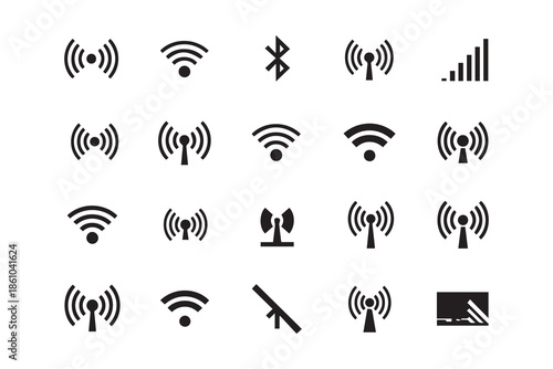Set of abstract music icons and vector symbols featuring a black web design element collection for internet sign illustration