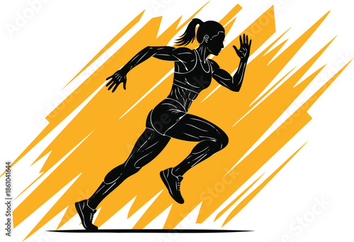 Dynamic Female Runner Silhouette Sprinting on Abstract Orange and Yellow Speed Background Vector Illustration for Sports Fitness and Marathon Training Concepts

