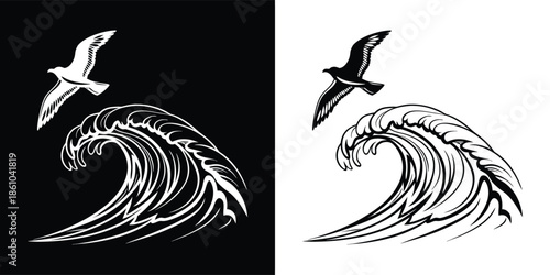 An illustration of a wave and a seagull, presented in both black on white and white on black, isolated on white background