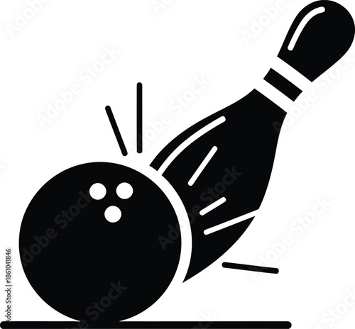 Funny cartoon illustration of a cute black bowling ball and pins vector art symbol with a heart and sun face design