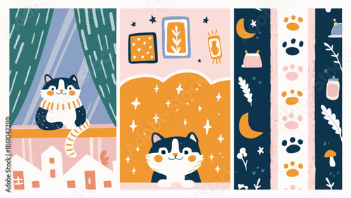 Playful kitten enjoying cozy space with decorative elements and patterns