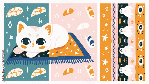 Cute white kitten resting on vibrant colorful rug with playful background