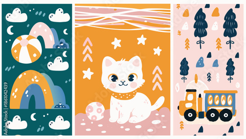 Vibrant playful kitten sitting calmly in colorful enviro with stars, clouds, rainbow, truck