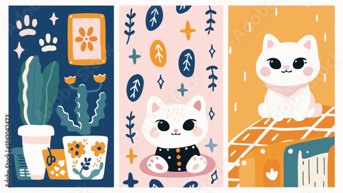 Cute white kitten sitting calmly in vibrant playful home environment with plants and patterns