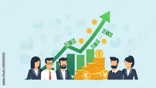 Business people with growing graph and money, success and profit, financial growth, rising chart, earnings increase, wealth accumulation