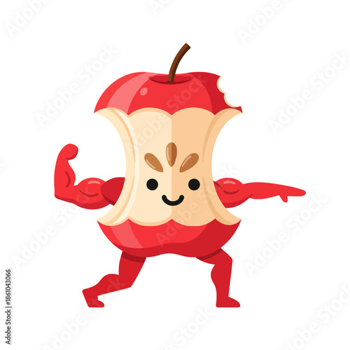 Funny cartoon apple core character flexing muscles, healthy lifestyle concept