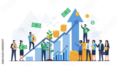 Business people standing on and around growing graph with money, coins and dollar bills floating in air, symbolizing financial growth