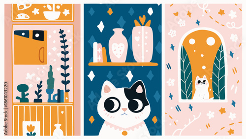 Whimsical cat gazing curiously in vibrant room with plants and vases, cute feline illustration