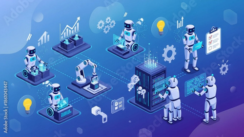 Robots working together on technology projects with graphs and lightbulbs representing innovation and industry