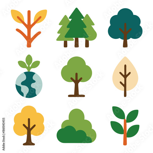 Tree vector illustrations for sustainable designs, ideal for environmental concepts. Perfect for ecofriendly branding, web graphics, and print materials.