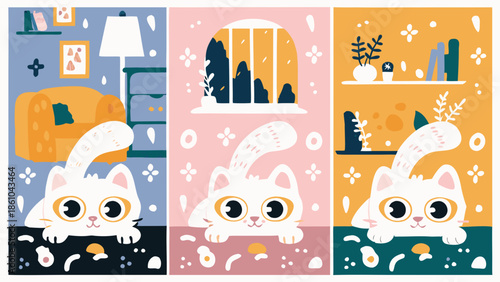 Colorful cozy cat stretching lazily in different room settings