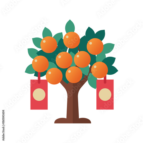 Illustration of mandarin tree with red envelope