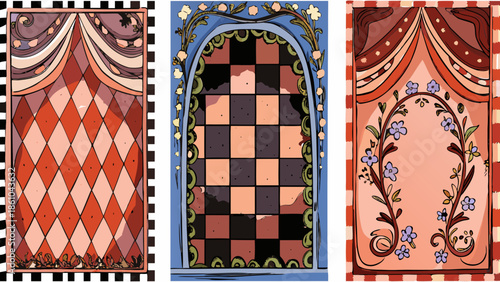 Ornate border frame with checkerboard interior, decorative design elements, floral patterns