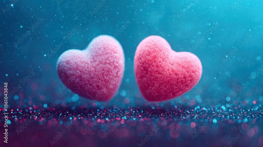 Fototapeta premium Two pink heart-shaped candies floating in a dreamy, glittery atmosphere.