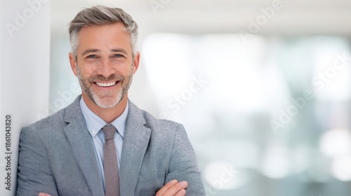 Portrait of a middle-aged man with grey hair and a beard, smiling at the camera. he is wearing a grey suit and a light blue shirt with a patterned tie.