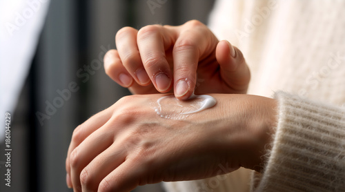 Close up of hands applying moisturizing cream. Woman rubbing white lotion on dry skin. Skincare and hydration routine concept