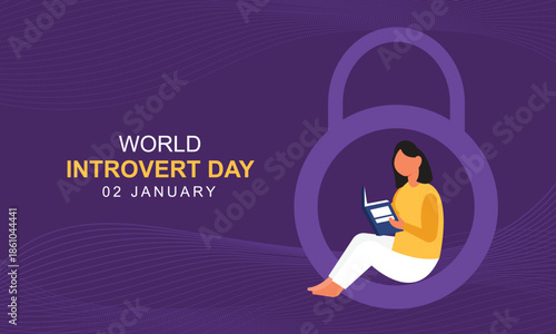 Woman comfortably reading a book within a padlock symbol, World Introvert Day