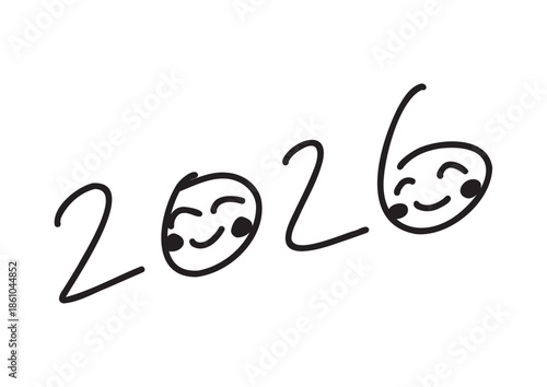 にっこり笑顔の2026の手書きペン風文字素材