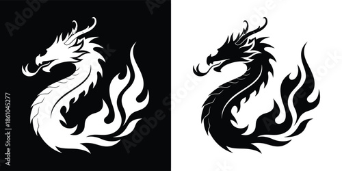 Black and white illustration of a dragon, a symbol of power and mystique, ideal for adding a touch of fantasy to designs and creative projects