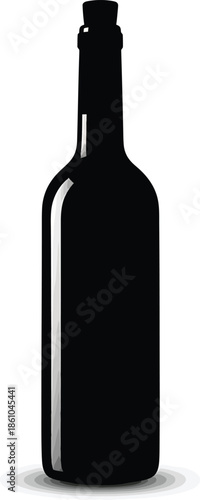 An isolated glass bottle of red wine with a cork and reflection stands against a dark black background as a blank beverage object for a winery or bar