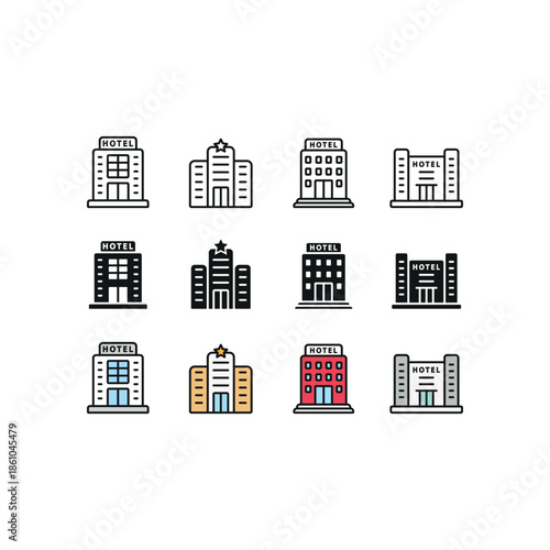 Hotel set icon line glyph color for accommodation building and travel illustration