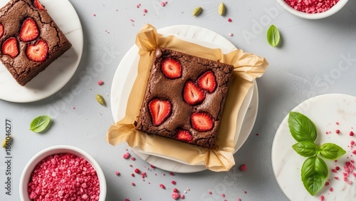 Overhead view of strawberry brownies on white plates, one wrapped in parchment paper, surrounded by bowls of freezedried strawberries and fresh mint leaves on a light grey surface