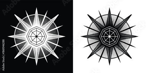 A captivating black and white illustration showcases a mesmerizing radial pattern, radiating from a central point with intricate details and symmetry