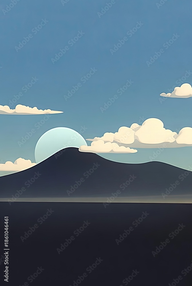 Obraz premium Serene minimalist landscape illustration featuring dark mountains silhouetted against a stylized sun and blue…
