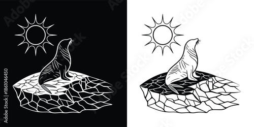 A captivating monochrome illustration of a seal perched on an iceberg under the sun, isolated on white background, evoking themes of arctic wildlife