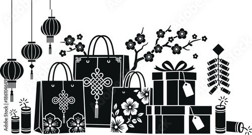 Chinese New Year Festive Shopping Bag and Gift Boxes.