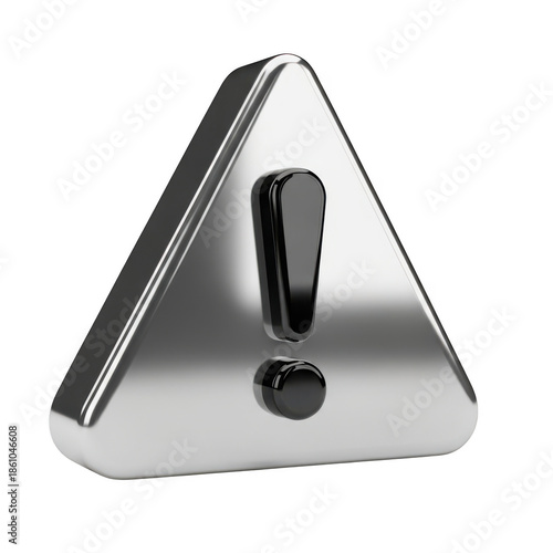 3D metallic warning triangle symbol with exclamation mark isolated on transparent background
