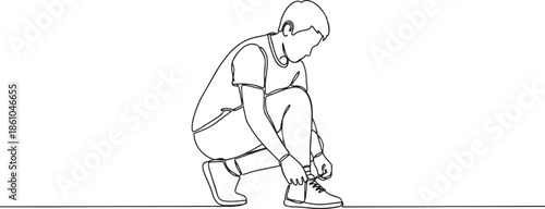 Continuous Single Line Drawing of a Young Boy Crouching to Tie His Shoelaces - Vector Illustration of Preparing for Sport, Exercise, Daily Routine, or School