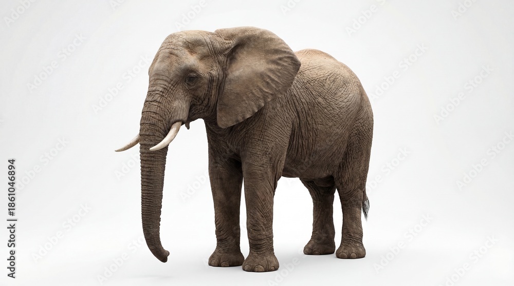 Obraz premium Majestic African elephant stands gracefully with impressive tusks against a pristine, isolated white background, showcasing its powerful presence and detailed texture in a full-body studio shot