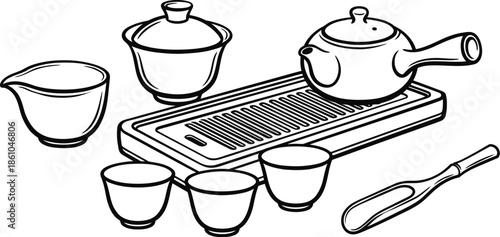 Chinese tea ceremony set with traditional elements vector