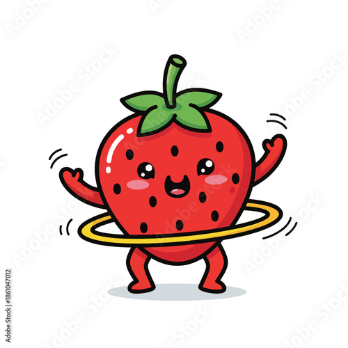 Cute strawberry character doing hula hoop, fun fitness, healthy lifestyle, isolated on white background