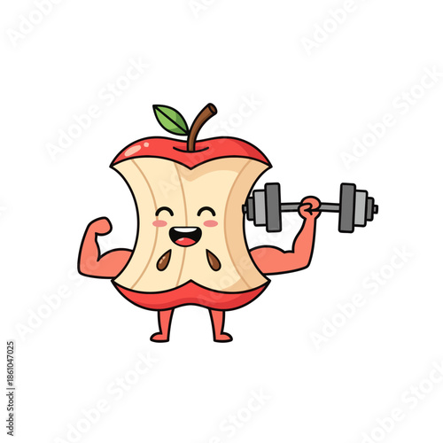 Funny apple core character lifting dumbbell, flexing arm, healthy lifestyle cartoon