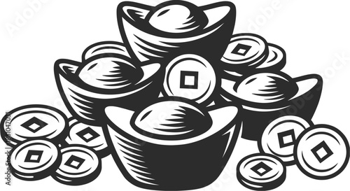 Gold ingots and coins pile for Chinese New Year.