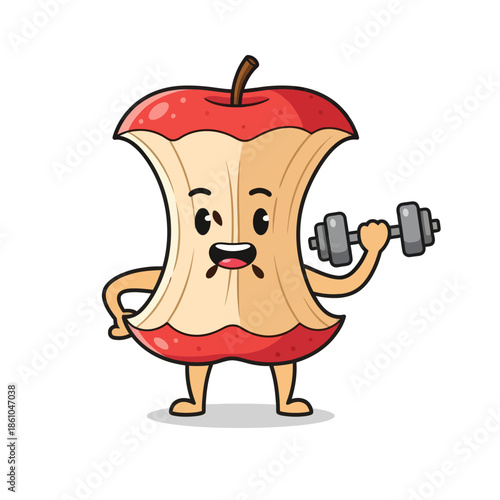 Cartoon apple core character lifting dumbbell, healthy lifestyle, fitness, exercise, fun, cartoon character