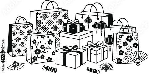 Chinese New Year Festive Shopping Bag and Gift Boxes.