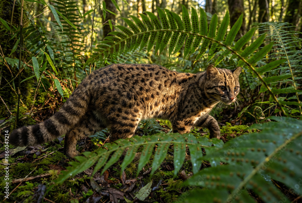 Fototapeta premium Kodkod Guiña cat walking through dense temperate rainforest ferns
